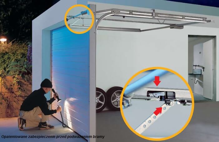 automatyczne ryglowanie bramy, szyny jezdnej, blokada mechaniczna w&oacute;zka jezdnego, zabezpieczenie przed podważeniem
